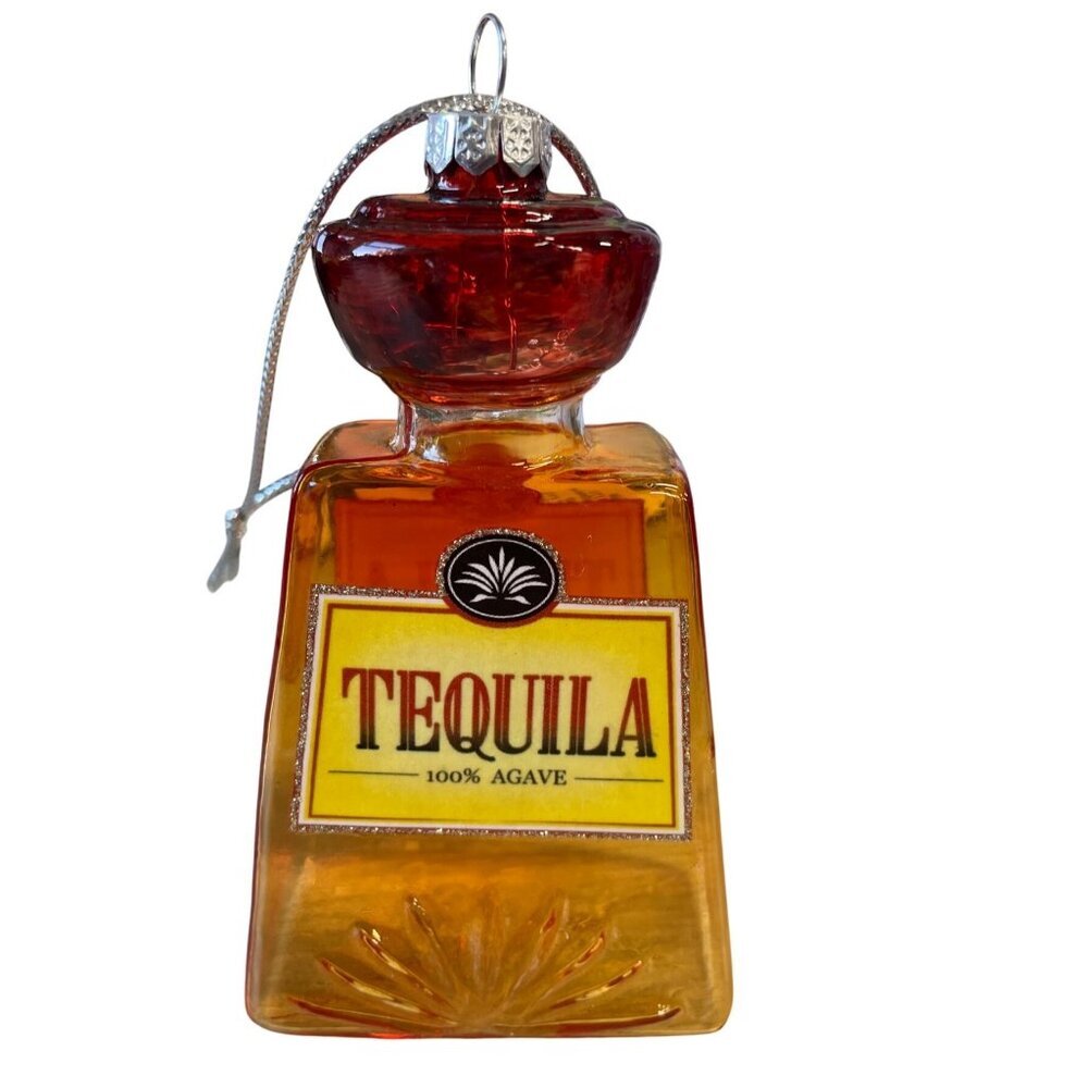 Tequila Bottle Ornament Glass Decoration Red‎ & Amber 100% Agave Design